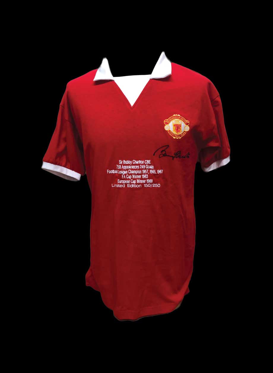 Sir Bobby Charlton Signed Manchester United embroidered Limited Edition Shirt - Framed + PS95.00