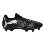 Black Puma soccer boot with a white logo on the side and a textured upper, shown from the side with studs on the bottom edges.