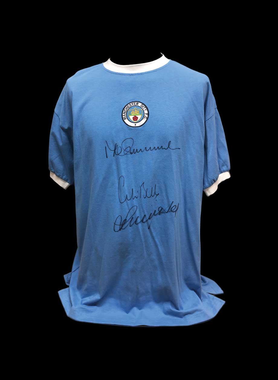 Bell, Lee & Summerbee signed Manchester City shirt - Framed + PS95.00
