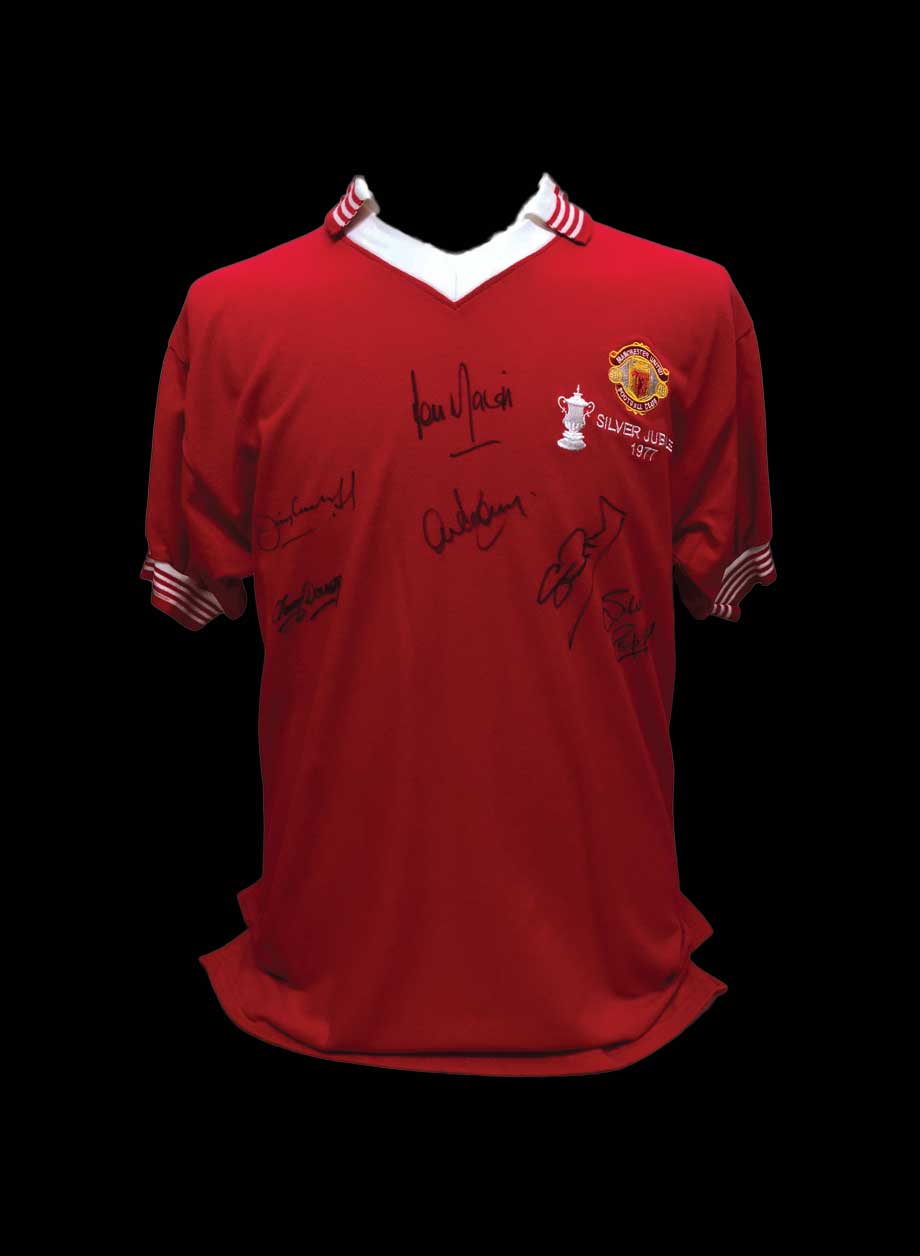 Manchester United 1977 FA Cup Winners shirt signed by 6. - Framed + PS95.00