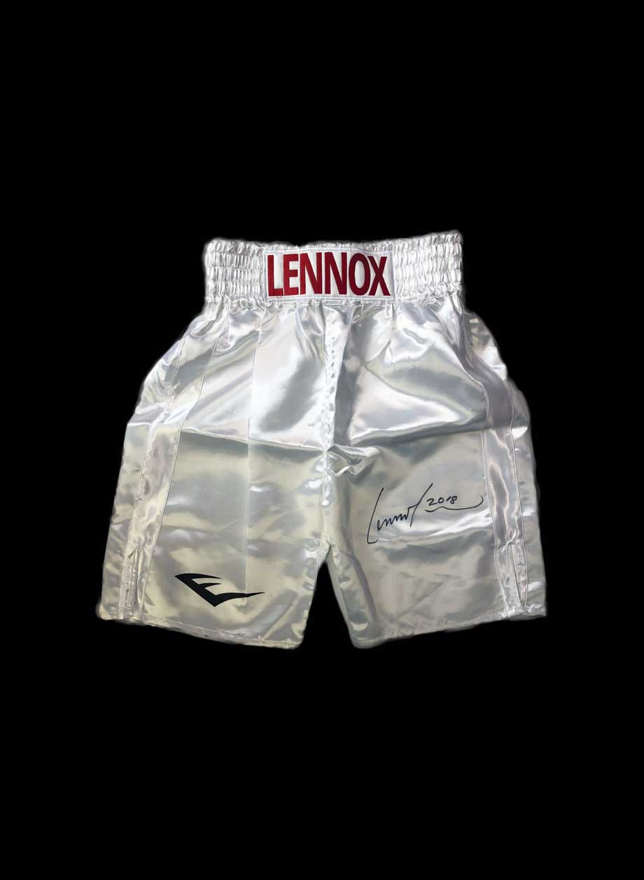 Lennox Lewis signed boxing trunks - Unframed + PS0.00