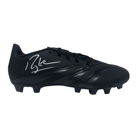 Black soccer cleat with a silver autograph on the side and glossy stripes, isolated on white background