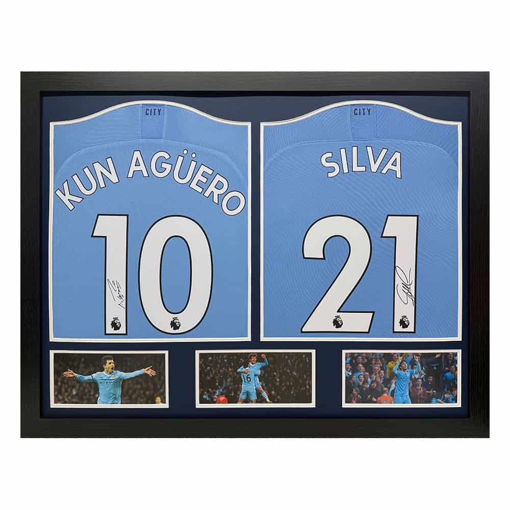 Framed Sergio Aguero & David Silva double signed Manchester City Shirt display-image-10925
