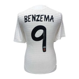 White soccer jersey back showing the name BENZEMA and the number 9, with a signature.