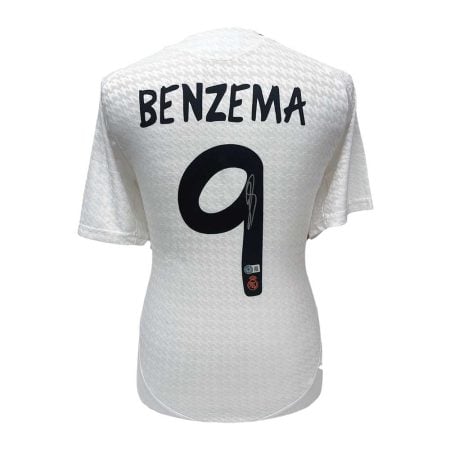White soccer jersey back showing the name BENZEMA and the number 9, with a signature.