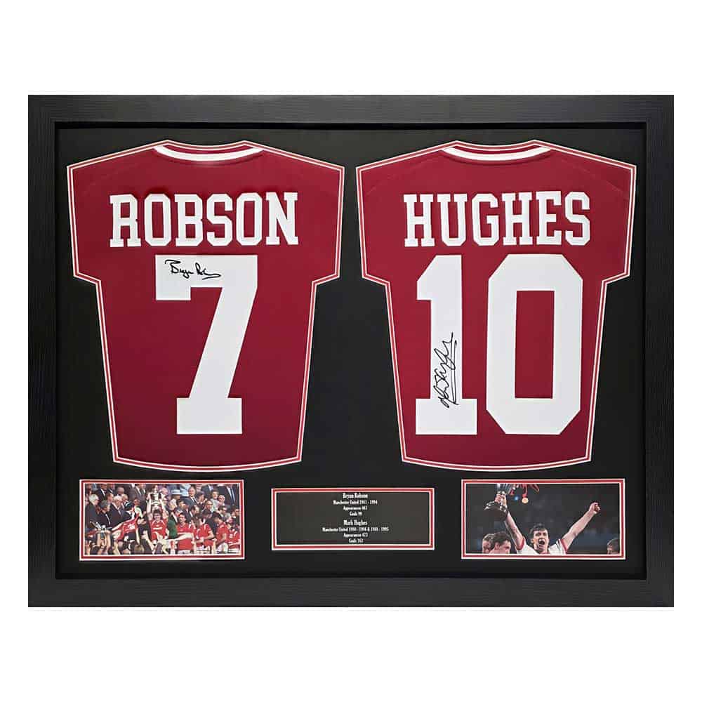 Framed Bryan Robson & Mark Hughes signed Manchester United double Shirt display-image-12726