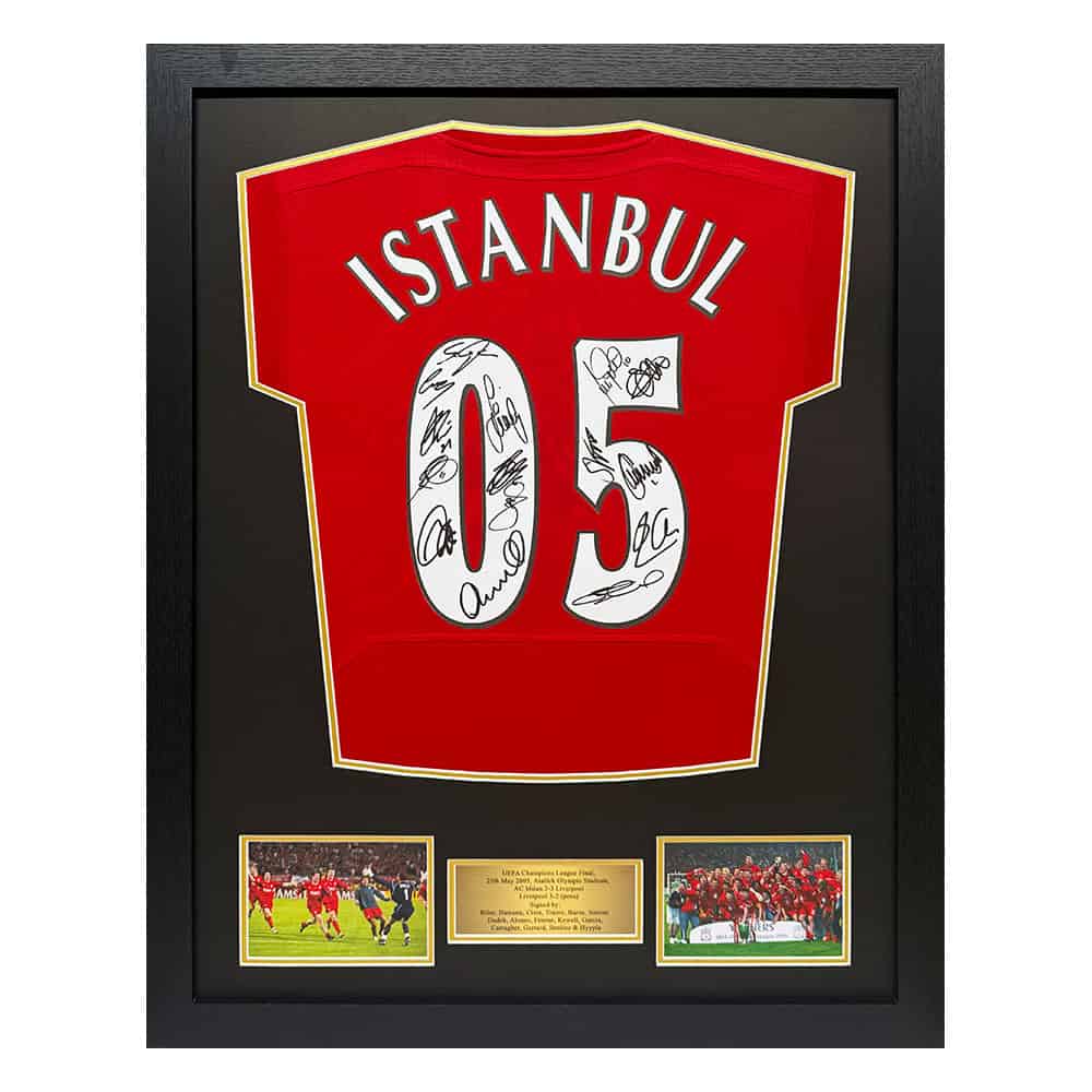 Framed Liverpool 2005 Champions League Final Retro Shirt Signed by 15-image-22188