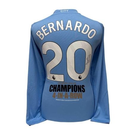 Light-blue soccer jersey back with the name 'BERNARDO' and number 20, celebrating four consecutive Premier League titles (4-in-a-row).