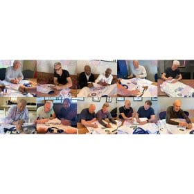 Collage of men signing jerseys at a sports charity event, with All Stars logos visible on the shirts and background